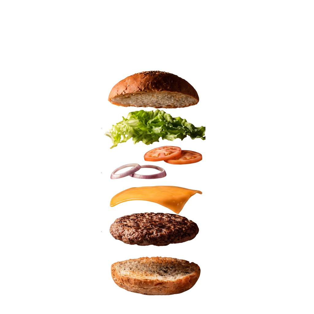 Diagrama da ordem de montagem do hambúrguer perfeito: pão, alface, tomate, cebola, queijo e carne
